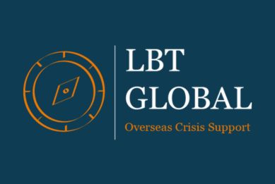 The LBT Global logo on a dark blue background, featuring a compass-style icon and the text “LBT Global – Overseas Crisis Support.”